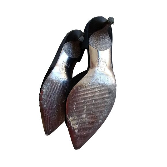 Black Satin Peep Toe Heels With Rosette Detail 3.5" Stiletto Heel Size 8 By Adri - Picture 7 of 15